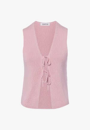Ärmellose pinke gestrickte Weste mit V-Ausschnitt und zwei gebundenen Schleifen in der vorderen Mitte, mit dem Etikett "EDITED" innen am Kragen.