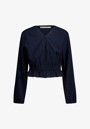 Navyblaues, kürzer geschnittenes Blusenshirt mit langen Ärmeln, aus strukturiertem Stoff, mit V-Ausschnitt und einem Peplumsaum mit elastischen Details.