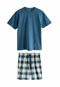Blaues Baumwoll-T-Shirt mit kurzen Ärmeln und Rundhalsausschnitt, kombiniert mit karierter Shorts in Blau und Creme, mit elastischem Bund und Kordelzug.