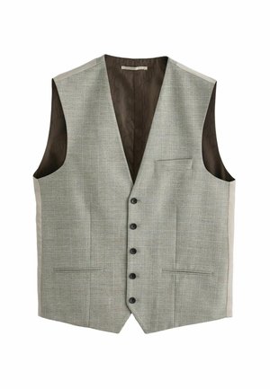 Pelēks kvadrātveida žakete ar pieciem pogām, izgriezumu apkakli, divām priekšējām kabatām un kontrastējošu brūnu oderi. Sānu paneļi gaiši bēšā krāsā.