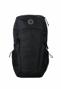 Zaino nero in tessuto testurizzato, dotato di tasche laterali in rete, spallacci ergonomici e un logo circolare sulla parte superiore.