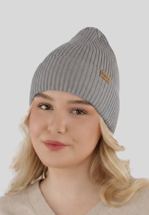 Gray ribbed knit beanie with a tapered top and small brown leather accent. Features a textured surface and snug fit.