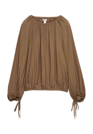 Bruine blouse met lange mouwen, met een elastische halslijn, een ingesnoerde zoom en strikdetails aan de manchetten, gemaakt van een lichtgewicht, gestructureerde stof.