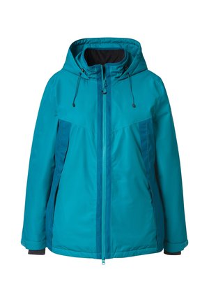 Veste imperméable teal avec capuche, fermeture éclair à l'avant et poignets élastiques. Présente des panneaux latéraux contrastants plus foncés et un cordon de serrage ajustable à la capuche.