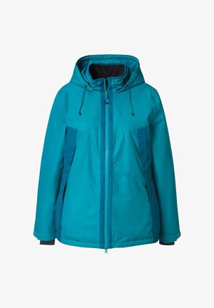 Tyrkysová nepromokavá bunda s kapucí, předním zipem a elastickými manžetami. Vybavená kontrastními tmavšími bočními panely a nastavitelnou šňůrkou v kapuci.