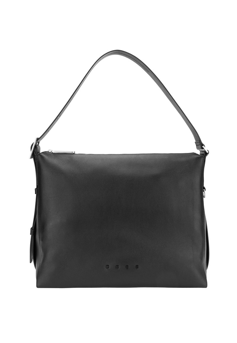 Borsa a tracolla in pelle nera dalla textura liscia, forma rettangolare e una tracolla singola regolabile. Presenta un logo impresso in rilievo sul davanti.