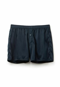 Kraťasy boxerky z tmavě modré saténové tkaniny. Mají elastický pas a zapínání na knoflík vpředu. Hladká textura s jednoduchým designem.