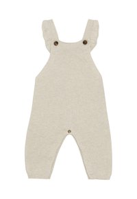 Rompers pour bébé en tricot beige avec des bretelles à volants, boutons marron sur les bretelles et boutons-pression le long de l'entrejambe pour un changement facile.