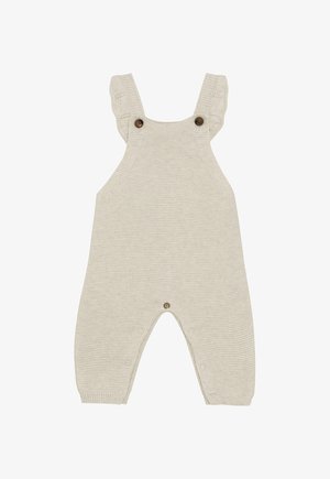 Beige gebreid babypakje met gerimpelde schouderbanden, bruine knopen op de banden en drukknoopjes langs de binnennaad voor gemakkelijk verwisselen.