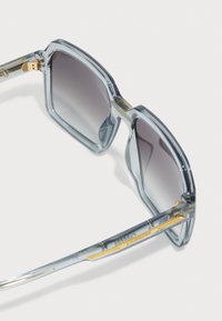 Grandi occhiali da sole trasparenti con montatura geometrica, lenti grigie e dettagli in metallo color oro sulle tempie.