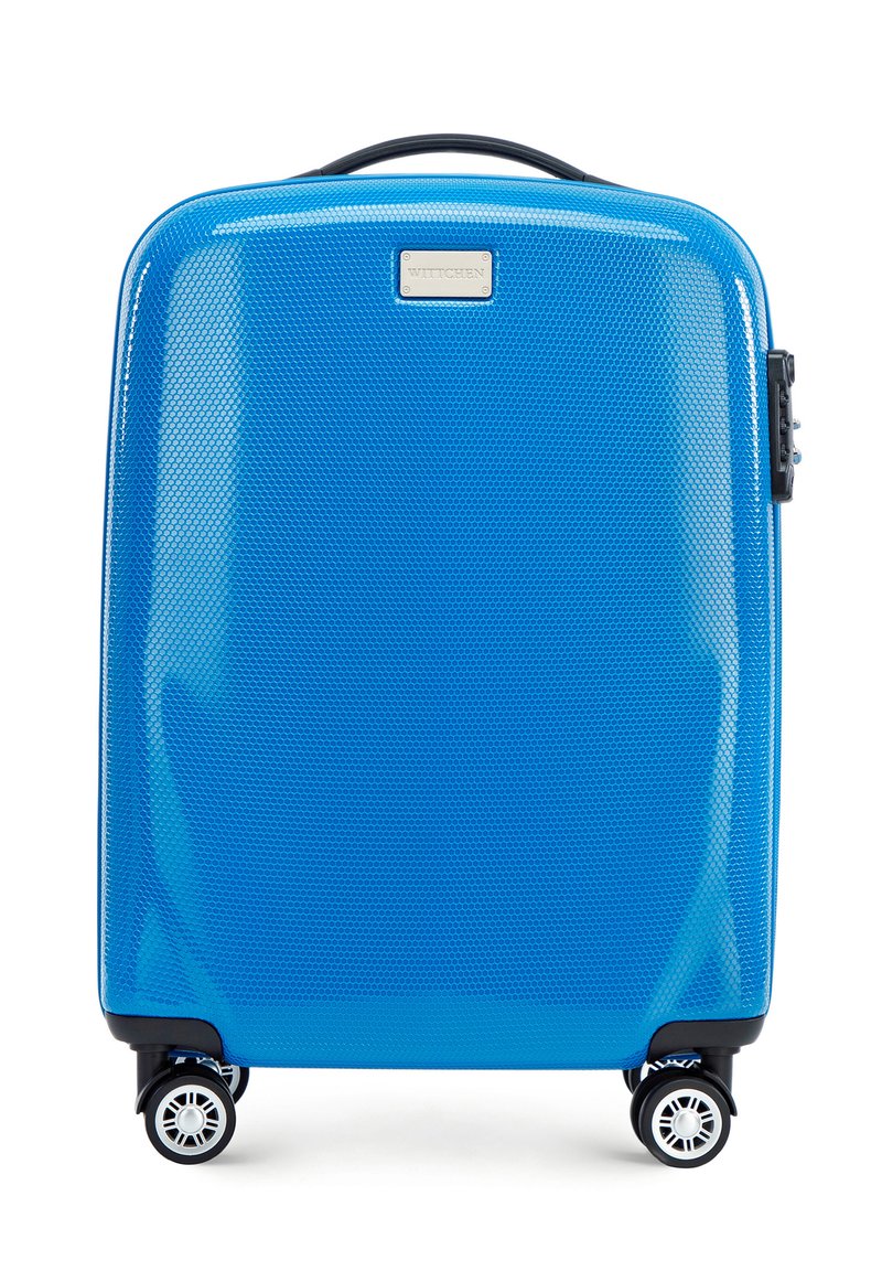 Valise rigide de couleur bleu vif avec un motif en nid d'abeille texturé. Equipée de quatre roulettes noires, d'une poignée supérieure et d'un cadenas à combinaison.