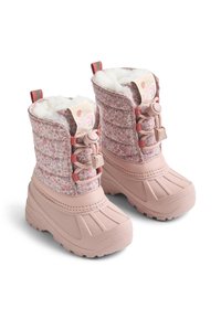 Svetloružové zimné čižmy s kvetinovým textilným zvrškom, chlpatou podšívkou a gumovou podrážkou. Majú šnurovací predok a ťahací pásik na zadnej strane.