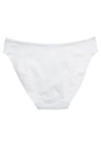Białe bawełniane figi bikini z elastycznym pasem, gładka tekstura, klasyczny krój oraz brak widocznych wzorów czy detali metalowych.