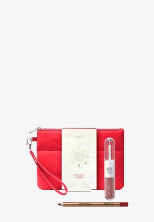 Red quilted cosmetic pouch with a zipper, a white KIKO product box, a clear lip product, and a gold-toned lip pencil.