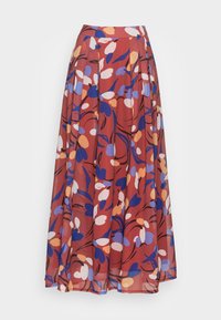 Ruosteenvärinen kukkakuosiset laskostettu hame, jossa sinisiä, laventelinvärisiä ja persikanvärisiä kuvioita. Valmistettu kevyestä, teksturoidusta kankaasta, jossa on hyvin istuva vyötärö.