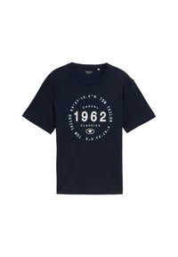Camiseta de algodón azul marino con un gráfico circular que incluye el texto "1962 CASUAL TOM TAILOR CLASSICS" en blanco, de mangas cortas y cuello redondo.