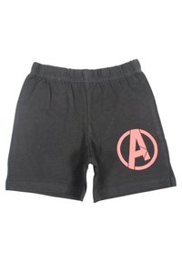 Shorts noirs en coton avec une taille élastique. Ils présentent un logo circulaire rose avec la lettre "A" sur la jambe gauche.
