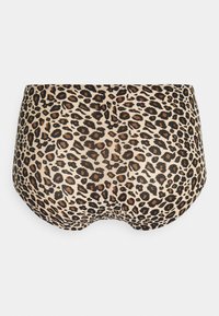 Lepardmønstrede trusser med en beige baggrund, der har sorte og brune pletter. Fremstillet af blødt materiale med en glat overflade.