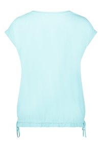 Top corto de manga corta azul claro con dobladillo ajustable, visto desde la espalda sobre un fondo blanco.