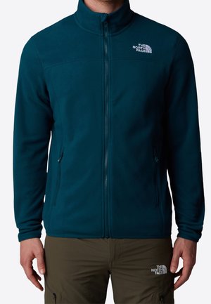 Mężczyzna ubrany w ciemnoturkusową bluzę polarową zapinaną na zamek błyskawiczny oraz oliwkowe spodnie, obie z logo The North Face.