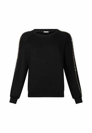 Sweat-shirt noir en tissu doux, avec des manches longues, un col rond et des accents en perles décoratives le long des manches.