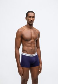Pánské boxerky ve tmavě modré látce s přiléhavým střihem. Elastický pas má světle šedý nápis „TOMMY HILFIGER“. Hladká textura.