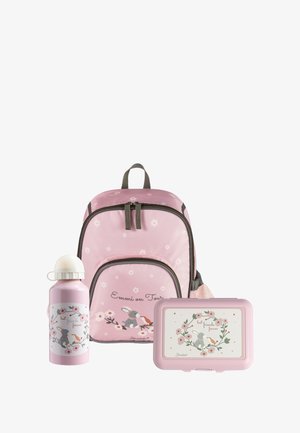 Rosa Kinder-Rucksack, Wasserflasche und Brotdose mit einer Illustration eines Kaninchens und eines Vogels, umgeben von floralen Akzenten und dem Text "beste Freunde für immer".