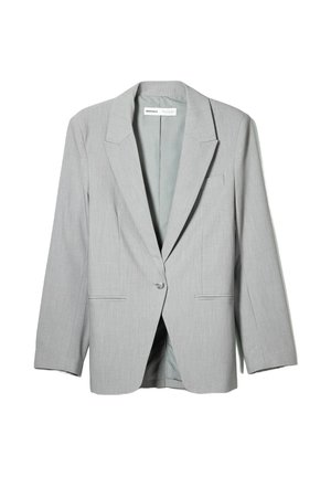 Light grey blazer with a notched lapel, single button closure, two front pockets, and a smooth inner lining. Classic tailored design.