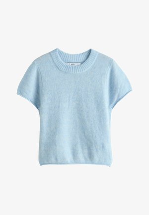 Világoskék, rövid ujjú pulóver puha, texturált anyagból, kerek nyakkivágással. Laza szabású és minimalista dizájnnal rendelkezik.