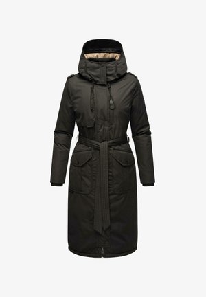 Parka larga negra con capucha desmontable, cremallera frontal, cintura con cordón y dos grandes bolsillos frontales. Fabricada con un material suave y resistente al agua.