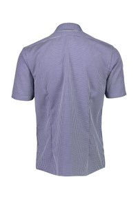 Camicia a maniche corte in fantasia a scacchi blu navy e bianca, tessuto leggero, colletto classico, dettagli con yoke posteriore e pince per sagomatura.