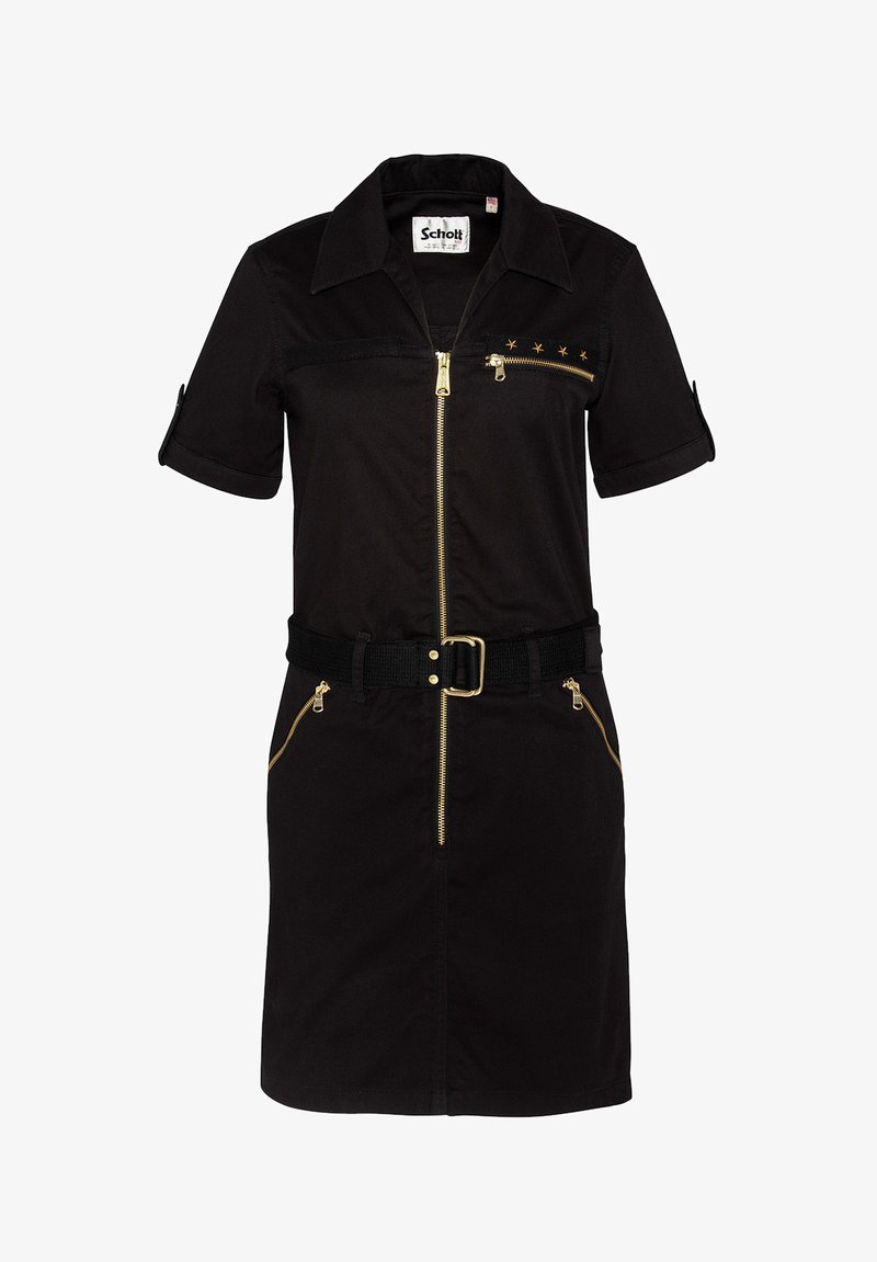 Robe noire à manches courtes, fermeture éclair en métal, taille ceinturée et accents dorés. Comprend deux poches avec fermeture éclair et un col.