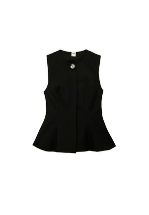 Top nero senza maniche in stile peplum con scollatura tonda e un unico bottone decorativo argento al colletto.
