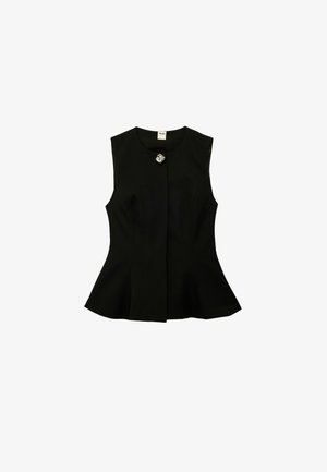 Haut sans manches noir style peplum avec un col rond et un unique bouton décoratif argenté au niveau du col.