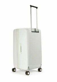 Valigia rigida bianca con due ruote lisce, manico estraibile e chiusura a cerniera; presenta un design semplice ed elegante.