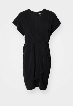 Black dress with short dolman sleeves, a v-neck, and a waist wrap design. Made of smooth fabric, featuring diagonal draping at the hem.