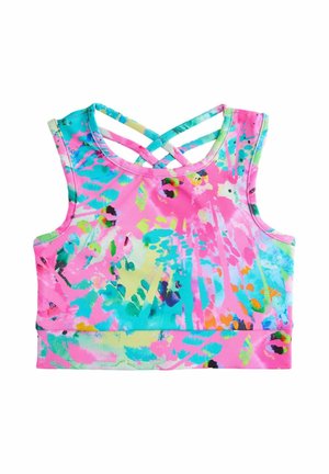 Bezrukávová športová podprsenka s abstraktným vzorom v ružovej, modrej, zelenej a žltej farbe a prekríženými ramienkami na chrbte.