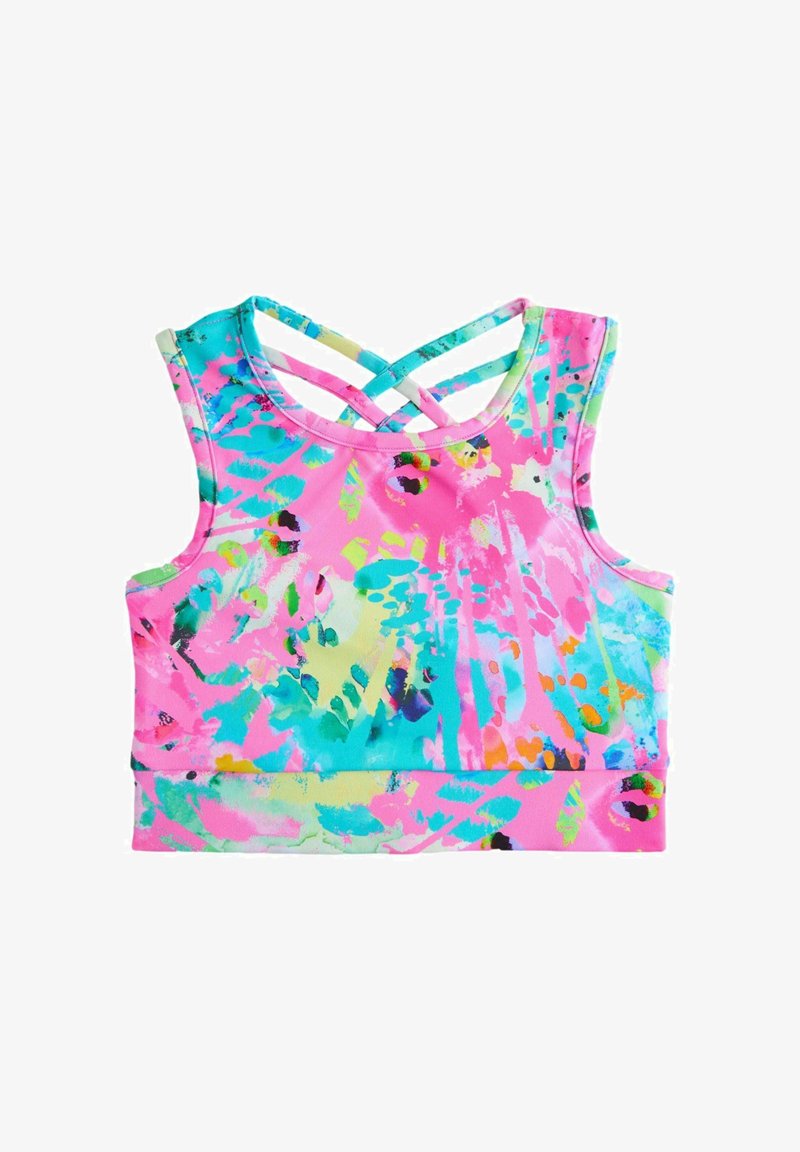 Ärmelloser Sport-BH mit abstraktem Muster in Pink, Blau, Grün und Gelb sowie gekreuzten Trägern auf der Rückseite.