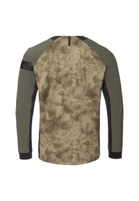 Chemise à manches longues avec un dos beige texturé, des épaules noires et des manches sombres. Elle présente un léger motif de feuilles et une ouverture au dos du cou.