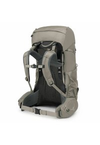 Beige wandeltas met een gevoerde mesh rug, verstelbare schouderbanden, zijvakken en een bovenflap. Voorzien van stevige gespen en het Osprey-logo.