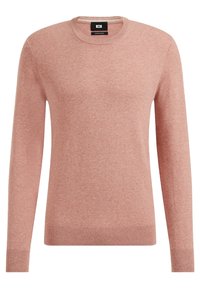 Ljusrosa bomullströja med rund halsringning, långa ärmar och ribbade muddar och fåll. Slät textur med subtila färgvariationer.