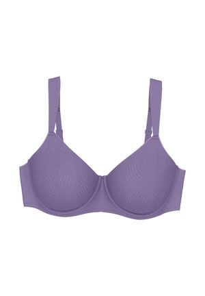 Purple bra with smooth, molded cups featuring a subtle wave pattern. Adjustable straps and a hook-and-eye closure at the back.
