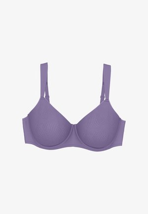 Purple bra with smooth, molded cups featuring a subtle wave pattern. Adjustable straps and a hook-and-eye closure at the back.