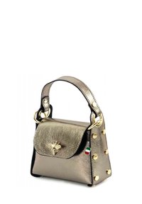 Metallic gold handbag with a structured shape, black accents, top handle, gold hardware, and decorative studs. Features a bee emblem and Italian flag.