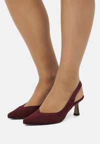 Décolleté in suede bordeaux con punta affilata e tacco a blocco di 5 cm. Presentano una superficie liscia e textured e dettagli laterali a taglio.
