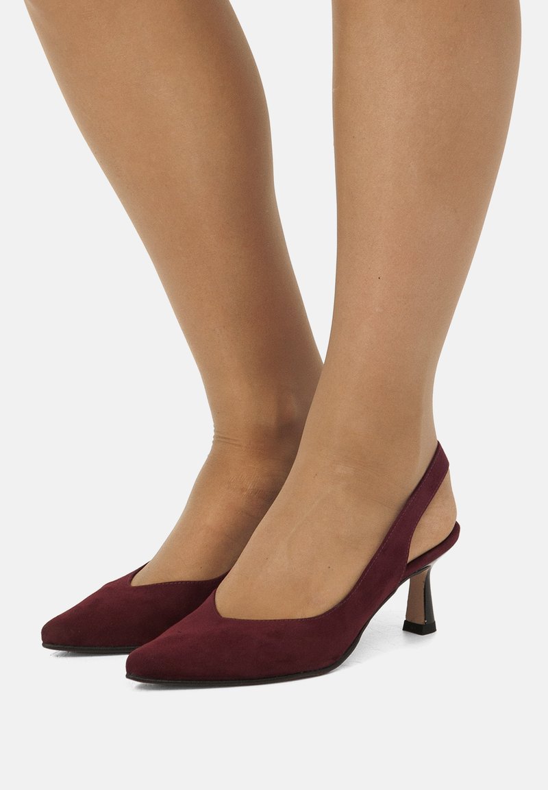 Décolleté in suede bordeaux con punta affilata e tacco a blocco di 5 cm. Presentano una superficie liscia e textured e dettagli laterali a taglio.