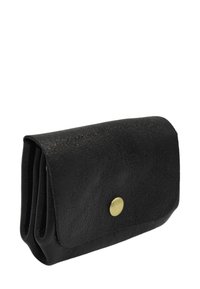 Portefeuille en cuir noir avec une fermeture à bouton unique en or, montrant une vue latérale pliée de style accordéon.