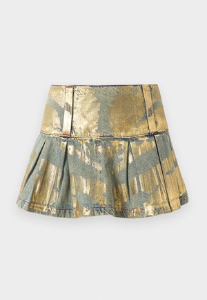 Gold and teal pleated denim skirt with a glossy finish, featuring a fitted waistband and contrasting stitching details.