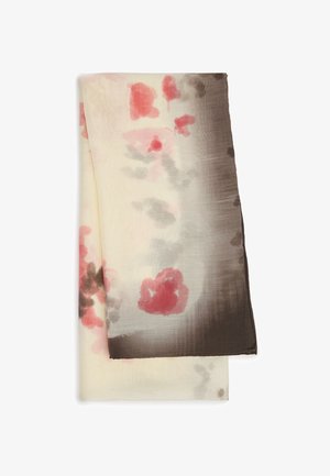 Lekki, dwuwarstwowy szal w kolorze ecru i ciemnoszarym. Posiada wzór kwiatowy w odcieniach różu i czerwieni stworzony techniką akwareli. Miękka tekstura, prostokątny kształt.
