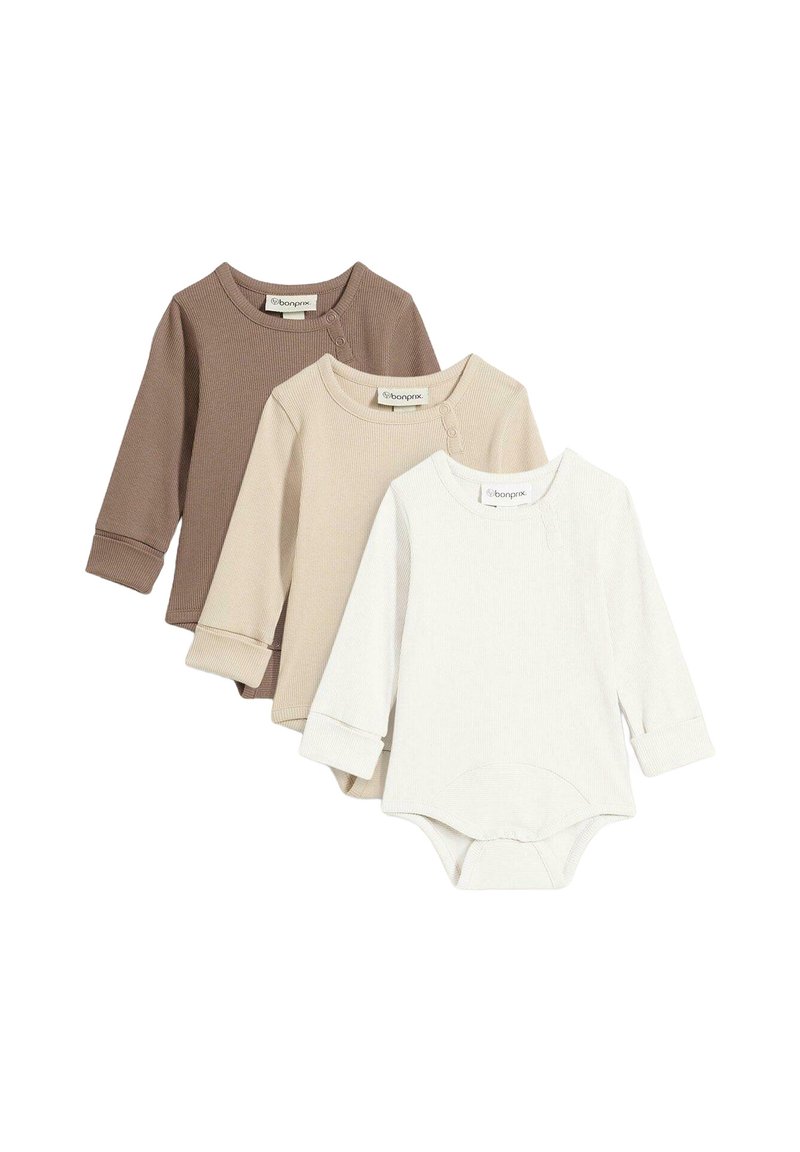 Tre body in cotone a manica lunga con costine, in marrone, beige e bianco, con bottoni a pressione sulle spalle e nel cavallo.